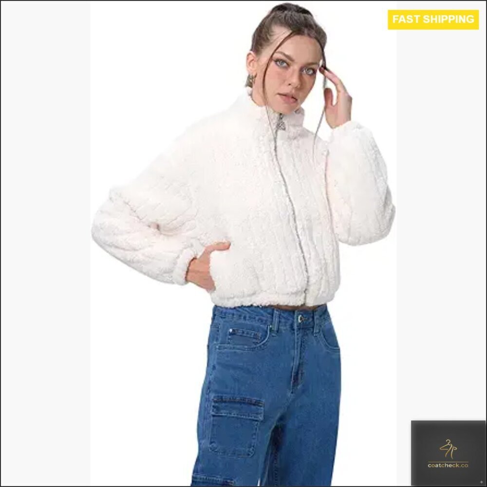 Cropped Sherpa Fleece Jacket Fuzzy Teddy Bear Coat Zip Up Winter Warm